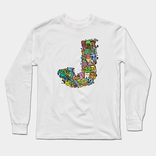 Alphabet Monster Doodle Letter J Monogram Long Sleeve T-Shirt by Irene Koh Studio